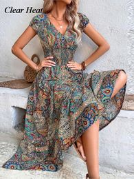 Basic Casual Dresses Tight bohemian retro printed women's long dress sexy V-neck short sleeved elastic waistcoat women's beach swing pants 230724