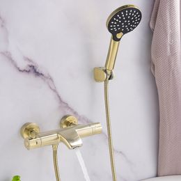 Thermostatic Bathtub Shower Set Wall Mounted Brushed Gold Bathtub Faucet Bathroom Bath and Shower Mixer Taps Brass
