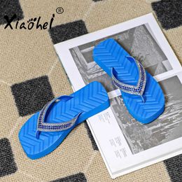 Slippers Women Flip Flops 2023 Fashion Thick Bottom Rhinestone Casual Beach Slippers Non Slip Wedges Heel Summer Sandals Blue Black Green L230725