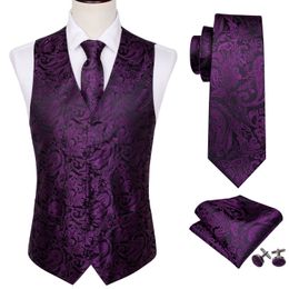 Men's Vests 4PC Mens Silk Vest Party Wedding Purple Paisley Solid Floral Waistcoat Vest Pocket Square Tie Slim Suit Set Barry.Wang BM- 230724