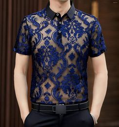 Men's Polos Mens Flower See Through Sheer Sexy Night Club Dance Short Sleeve Polo Shirts Tee Tops