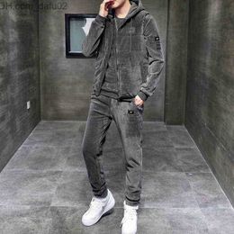 Men's Tracksuits new men's golden velvet sweater male plus velvet thick sports suit men autumn and winter suit casual plus size three-piece L220630 Z230725