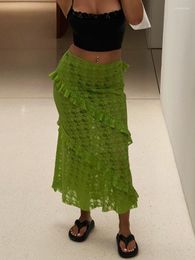 Skirts RDMQ 2023 Floral Lace Skirt For Women See-Through Black Maxi Vintage Hollow Out Stretch Ruffled Y2k Summer