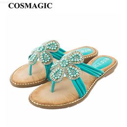 Slippers New Summer Women Flower Rhinestone Flip Flops Low Heel Crystal Luxury Bohemian Style Beads Slipper Shoes Flat With L230725