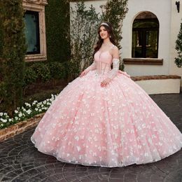 Luxury Pink Lace Spaghetti Strap Quinceanera Dresses Ball Gown 2024 With Bow Appliques Sweet 16 Dress Party Dresses Lace-Up