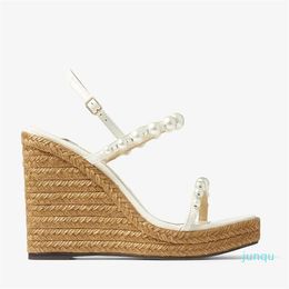 Designer 2023 Summer Sandals Shoes Nappa Wedge with Pearls & Crystal Evening Dress Lady Sandalias EU 35-43