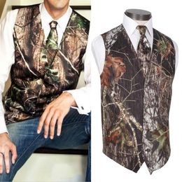 2019 Men Camo Printed Groom Vests Wedding Vests Realtree Spring Camouflage Slim Fit Mens Vests 2 Pieces set Vest Tie Custom Made2428