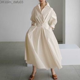 Basic Casual Dresses Basic Casual Dresses S5XL Korean Fashion Long Sleeve Shirt Dress Chic Turndown Neck Ruched Maxi Women Autumn Z230726