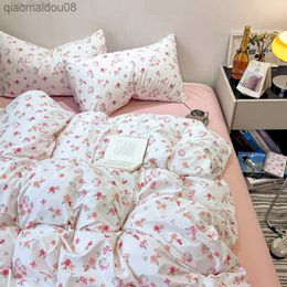 Korea Style Flower Printed Bedding Sets Girls Single Double Queen Size Flat Sheet Duvet Cover case Bed Linens Home Textile L230704