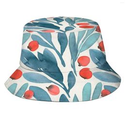 Berets Winterberries Causal Cap Buckets Hat Floral Flower Winter Berries Botanical Indigo Cobalt Blue Teal Watercolour Watercolour