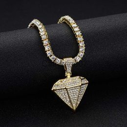 Pendant Necklaces 1pc Shiny Rhinestone large Diamond Shaped Pendant Necklace with Tennis Chain for Men andWomen for Party Jewellery J230725
