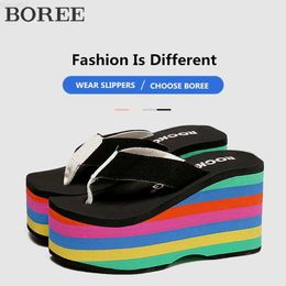 Slippers Women Flip Flops Beach Shoes Wedge Sandals Super High 10CM Heels Casual Peep Toe Platform Slippers Rainbow Summer Woman Slippers L230725