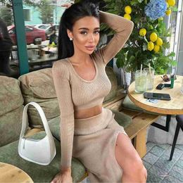 Two Piece Dress Two Piece Dress Knitted Winter Women Sexy Sweater Skirt Suit Y2K Fashion Long Sleeve Crop Tops And Split Sets 221122 Z230725