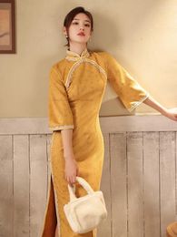 Ethnic Clothing Chinese Long Cheongsam Women Sexy Retro Daily Vintage Qipao Dress Spring Autumn French Style Lady Elegant