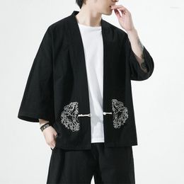 Men's Jackets #4255 Spring Summer Cotton Linen Jacket Men Embroidery Kimono Cardigan Vintage Outerwear Coats And Single Button