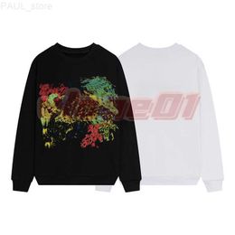 Men's Sweatshirts Mens High Street Autumn Hoodies Womens Round Neck Fashion Graffiti Print Sweater Couple Long Sleeve Balck White Tops Asian Size M-2XL L230725