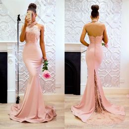 Baby Pink Mermaid Prom Dresses Long Halter Neck Lace Evening Party Gowns Sweep Train Backless Bridesmaid Dress Women Gowns273F