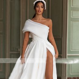 High-split Wedding Dresses Big Bow Appliqued 2020 Newest A Line Beach One-shoulder Bridal Gown Custom Made Ruched Satin Long Robes2203