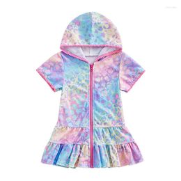 Girl Dresses FOCUSNORM 2-10Y Toddler Kids Girls Summer Swimwear Cover Up Short Sleeve Leopard Print Zipper Hooded Beachwear Dress