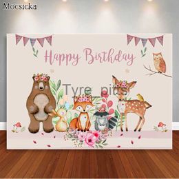 Background Material Woodland Happy Birthday Background Cute Animal Fox Bear Wildlife Park Photography Background Pink Flower Dessert Table Decoration Props x072