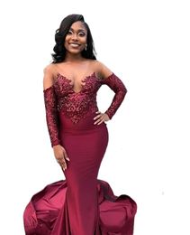 Burgundy Sheer V Neck Satin Mermaid Prom Dresses Long Sleeves Lace Applique Top Sweep Train Formal Party Evening Gowns