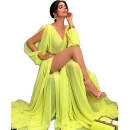 Sexy Long Green Chiffon Evening Desses V Neck Slit Sleeve A Line Prom Dress Pleated Bohemian Females Summer Vestido De Novia