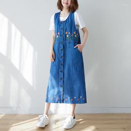 Casual Dresses Vintage Ethnic Style Embroidered Flowers Denim Dress Women Sleeveless Sundress Single Breasted Loose S534