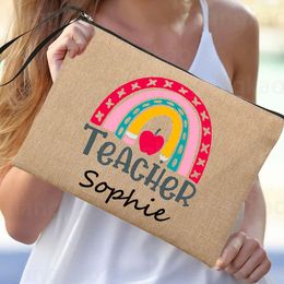 Rainbow Teacher Pencil Case Personalized Custom Name Linen Stationery Supplies Storage Bags Travel Neceser Makeup Bag Best Gifts