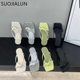 Slippers SUOJIALUN 2023 Summer New Women Slipper Fashion Narrow Band Ladies Casual Sandal Low Heel Outdoor Dress Slides Slip On Flip Flop L230725