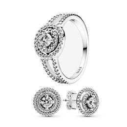 Sparkling Double Halo Stud Earrings Ring Set for Pandora 925 Sterling Silver designer Jewelry For Women Luxury Crystal Diamond Earring Rings with Original Box set