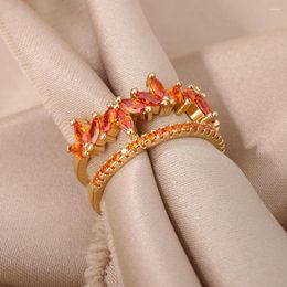 Cluster Rings Fashion Irregular Orange Zircon Open Ring Women Gold Colour Double Layer FInger Party Jewellery Accessories Christmas Gift