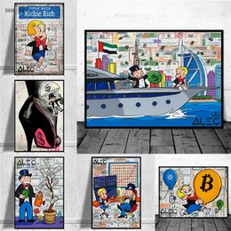 Cartoon Street Canvas Painting Wall Art Pictures Alec Monopoly Graffiti Rich Man Dollars Posters for Living Home Room Decor w06
