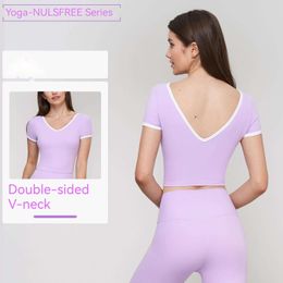 Lu-66 Nude Short Sleeve Fake Two Piece T-shirt Double Sided V-neck Yoga Short Sleeve Built-in Chest Pad Short Sports Top