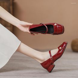 Dress Shoes Mary Jane Red Women's 2023 Women Shallow Mouth French Single Thick Heels High Small Leather