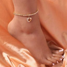 Shiny Zircon Hollow Heart Pendant Women Anklet Simple Single Row Rhinestones Adjustable Size Ol Lady Party Jewelry 230719
