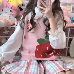 Women's Sweaters Japanese Cute Soft Girl Strawberry Vest Knitting Pullover Women Retros Leeveless Sweet Kawaii Sweater Baby Doll Pink Lolita