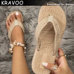 Slippers KRAVOO 2023 Braided Detail Linen Toe Post Thong Sandals Flip-flops Women Slippers Flat Heel Outdoor Summer Slides Ladies Shoes L230725