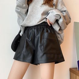 Women's Shorts Elastic Waist PU Leather 2023 Stylish Pocket Elegant Casual Trousers Female Autumn Winter T369