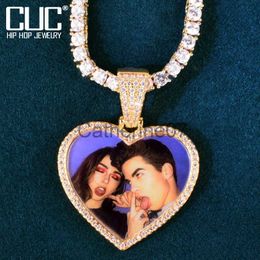 Pendant Necklaces Custom Heart Love Shape Photo Necklace Chain Make Medallions Pendant Solid Back One Row Zircon for Men Women Hip Hop Jewellery J230725