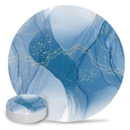 Table Mats Marble Line Blue Gradient Round Ceramic Drink Cup Coffee Pad Tea Mat Dining Placemat Decoration 4PCS