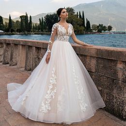 Abiti da sposa principessa Una linea maniche lunghe perline abito da sposa boho senza schienale 2020 abito da sposa country in pizzo con scollo a V sexy economico192i