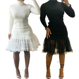 Casual Dresses Elegant Black White Knitted Rib Patchwork Mesh Dress For Women Autumn Winter Long Sleeve Slim Turtleneck Sweater Robe