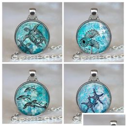 Pendant Necklaces Blue Ocean Starfish Turtle Dolphin Sier Colour Jewellery Classic Glass Cabochon Necklace And Pendants Fashion For Women Dhzwx