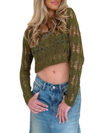 Women's Sweaters Women S Lace Crochet Beach Cover Up Sheer Long Sleeve Low Cut Fitted Shirt Summer Streetwear