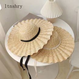 Brim Ribbon Straw Hat Women's Summer Hat Ribbon Beach Hat Dome Sun Hat Holiday Elegant Hat 230725