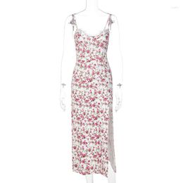 Casual Dresses Fashion Floral Vingate Slit Slip Dress 2023 Summer Holiday Maxi Female Slim Sleeveless Lace Sling Clothes