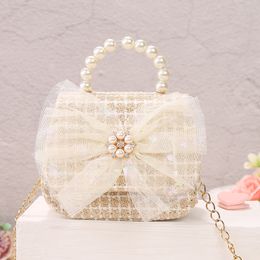 Handbags Kids Linen Purses and Handbags Cute Girls Princess Mini Crossbody Bag Bowknot Toddler Party Pearl Tote Hand Bags Gift 230724