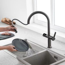 Kitchen Faucets Gary Brass Smart Digital Temp Show Sensor Pull Out Spout Mixers Tap Hot Cold Water Crane Single Lever Decked