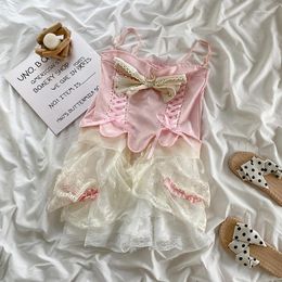 Women's Tracksuits WDMSNA Sweet Set Women 2023 Summer Sling Bow Tie Camisole Crop Top Cake Lace Shorts Fashion Two Piece Sexy Clothes