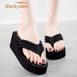 Slippers 2021 New Summer Sandals Women T-strap Flip Flops Thong Beach Slippers Designer Elastic Wedge Heels Ladies Gladiator Sandal Shoes L230725